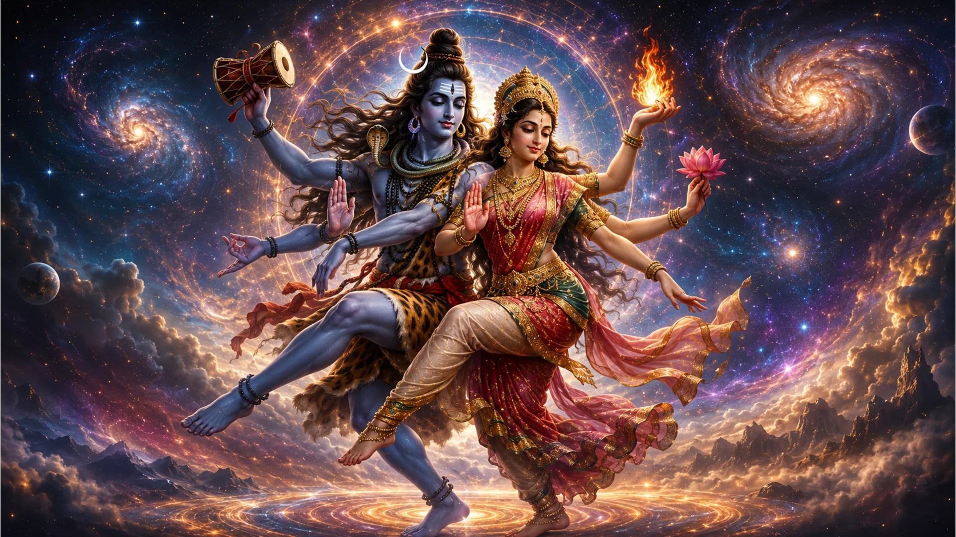 Digital painting of multi-armed Shiva and Parvati performing the cosmic dance surrounded by a ring of cosmic fire.