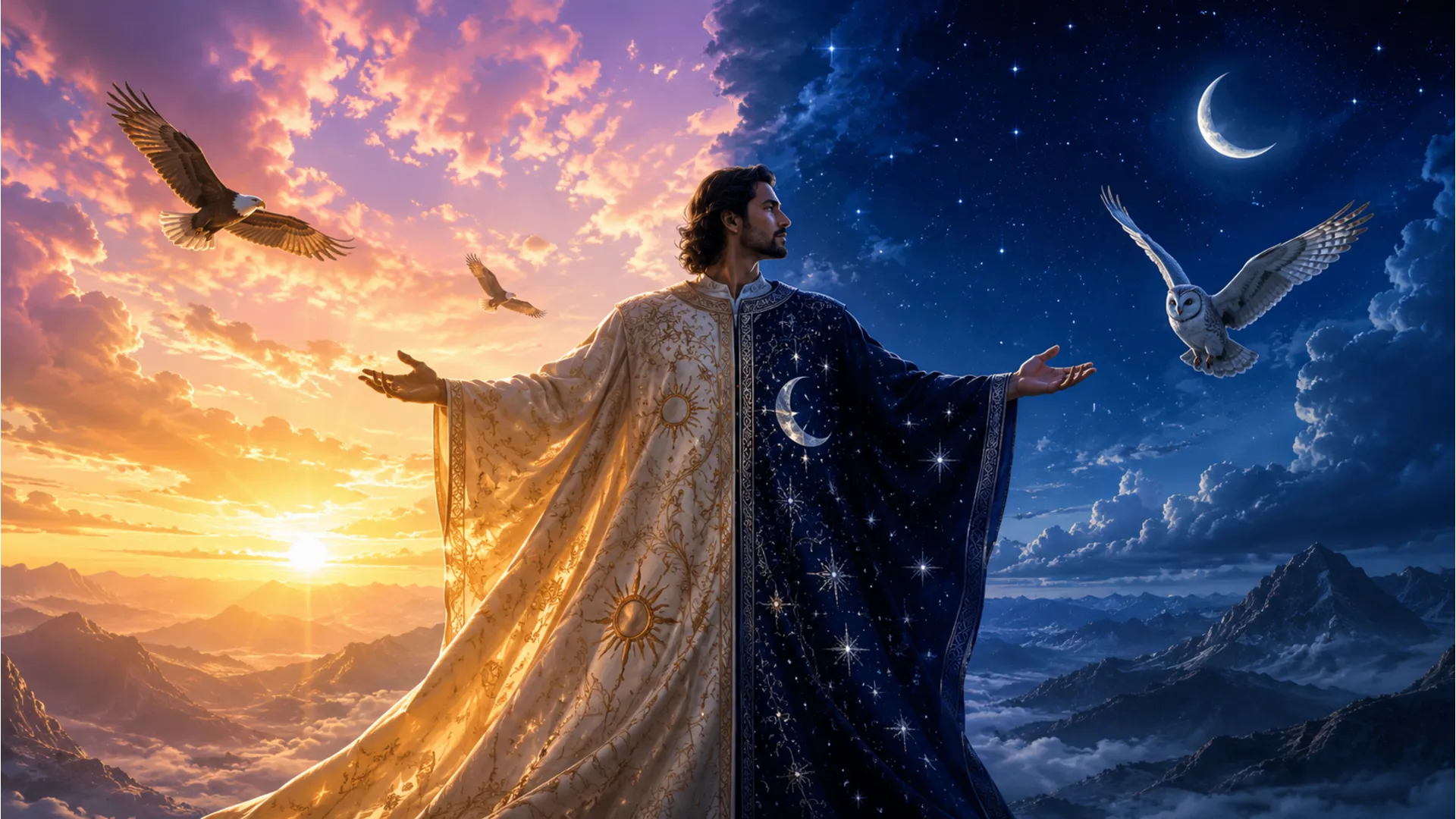 Divine being divided into a bright daylight sky and a dark starry night sky