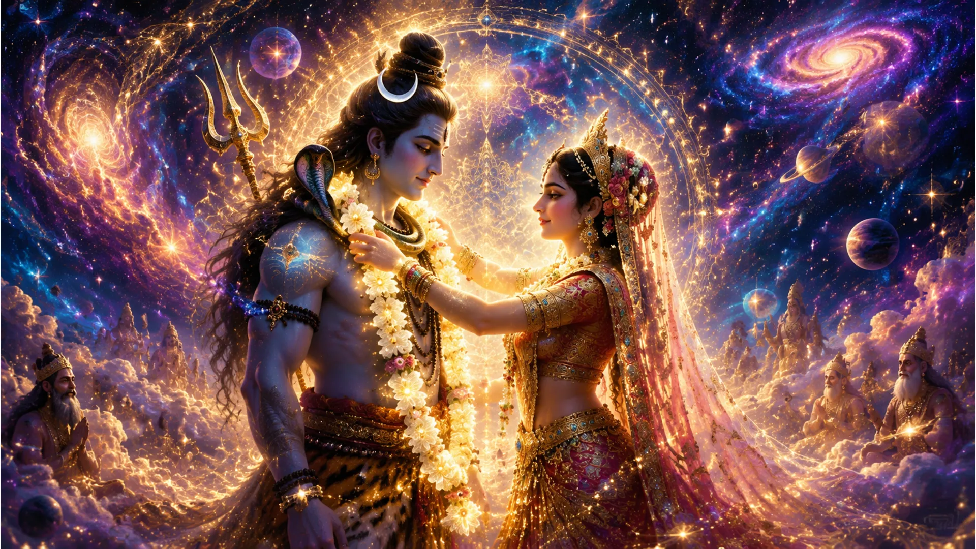 Cosmic energy art of Lord Shiva and Parvati exchanging Varmala in the universe.