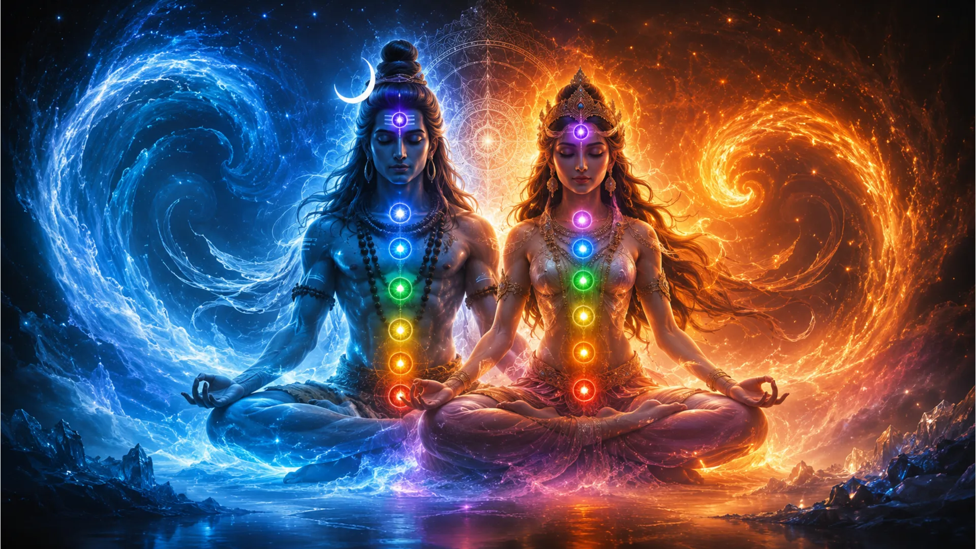 Abstract spiritual art of Shiva and Parvati surrounded by glowing blue and orange cosmic energy waves.