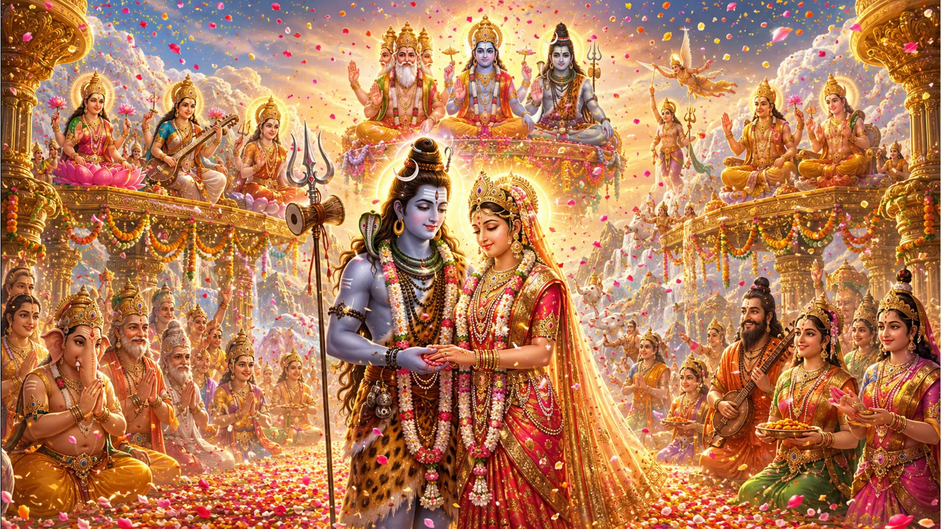 All major Hindu Gods, Goddesses, and Sages showering flowers and blessings upon Shiv and Parvati after their wedding. HD image.
