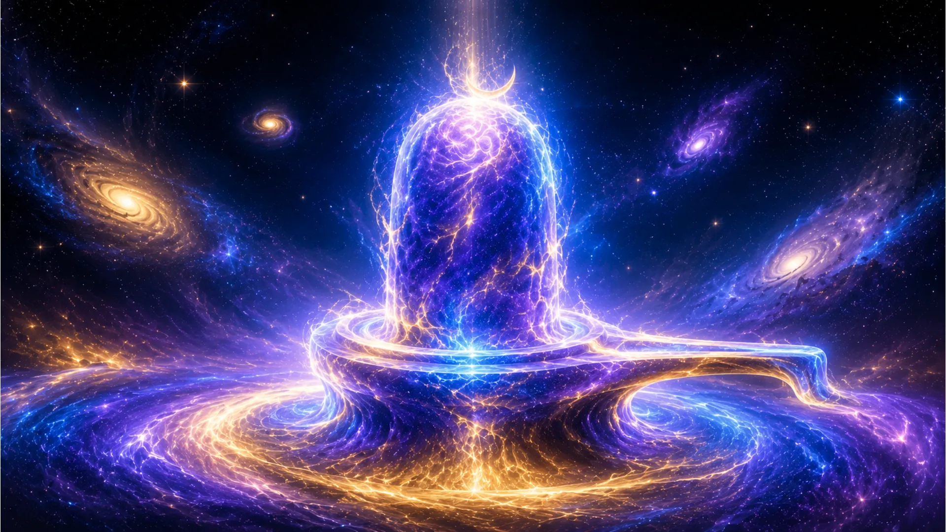A high-definition abstract conceptual image of a Shivling formed from glowing cosmic dust and nebulae, representing universal consciousness.