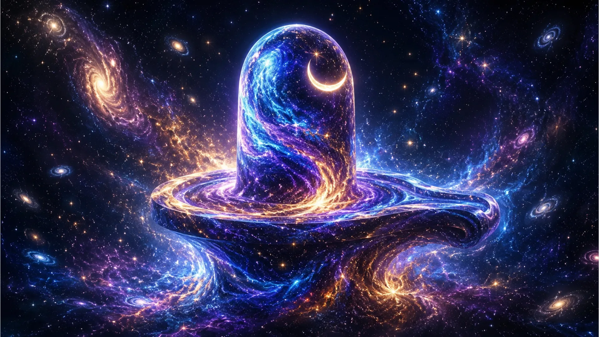 An abstract cosmic bholenath ke photo displaying a glowing Shivling formed from vibrant nebulae and stars in deep space.
