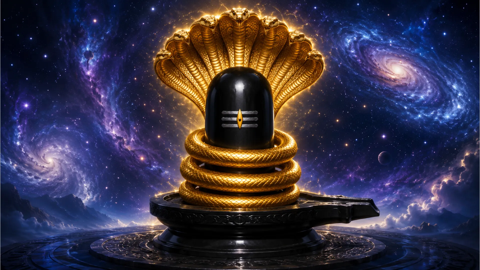 A sacred stone Shivling wrapped by a golden multi-hooded Nag snake under a starry cosmic sky.