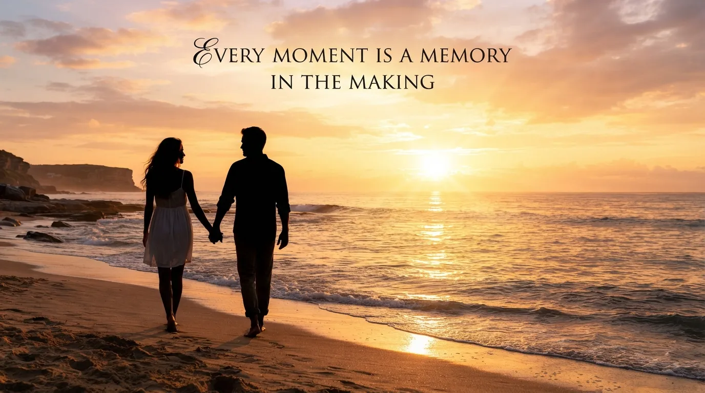 Silhouette of a couple holding hands against a golden sunrise with romantic text.