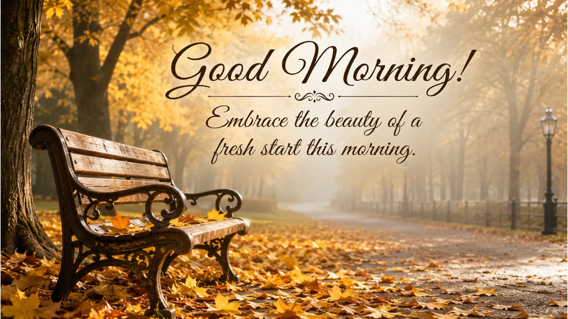 Foggy autumn park bench surrounded by golden leaves with good morning wish