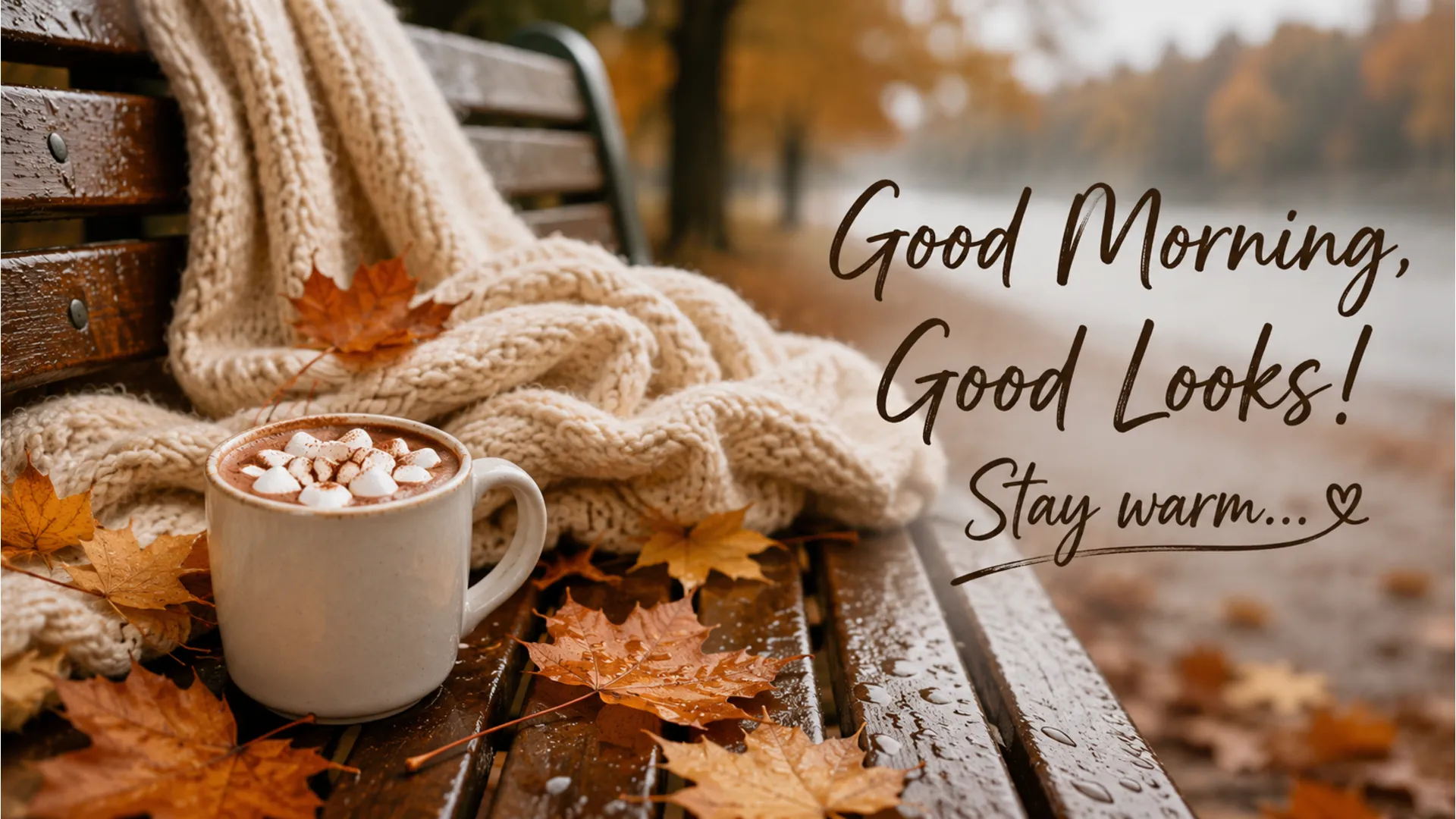 Cozy autumn-themed Good Morning Wednesday image with dry orange leaves and a knitted blanket.