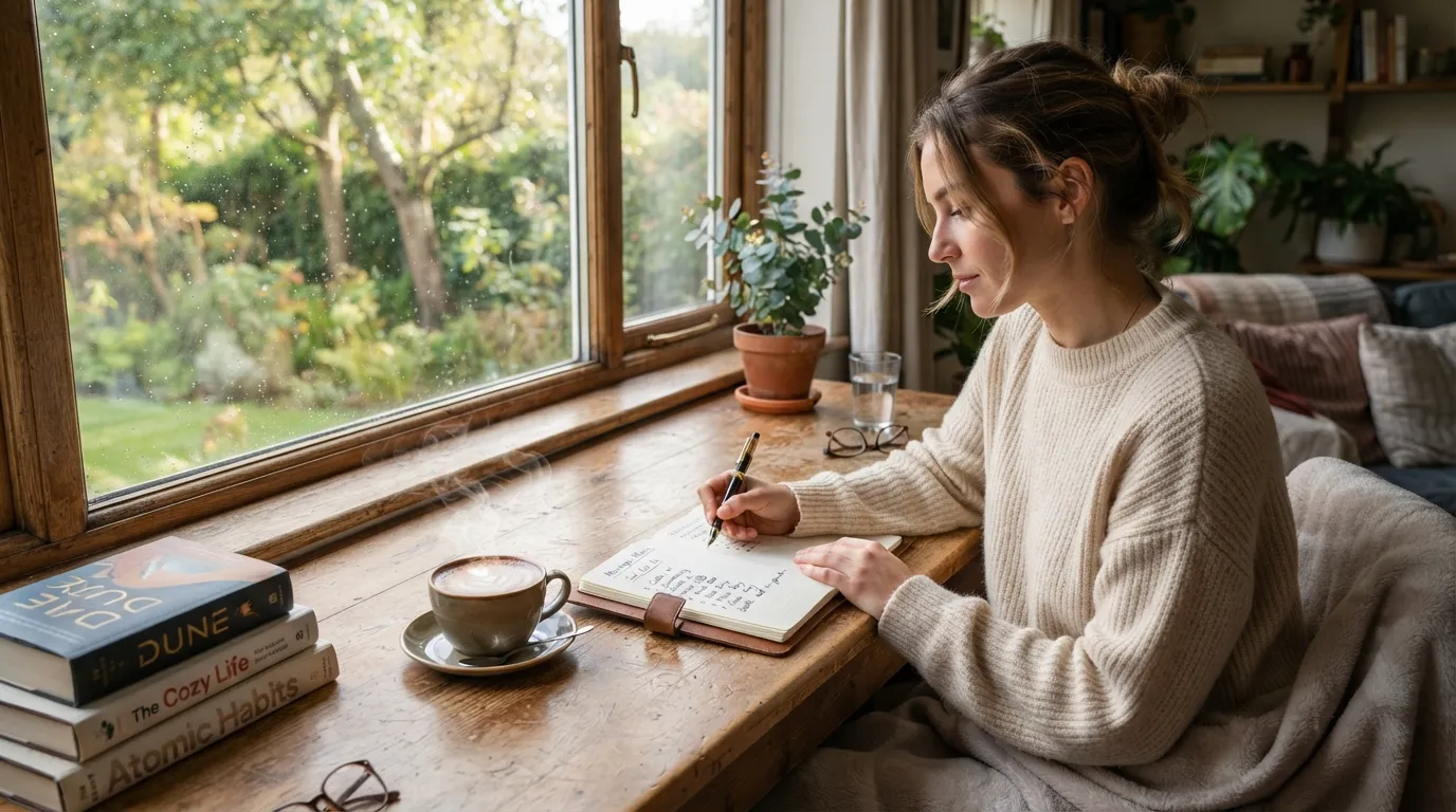 Cozy bed setting with a wooden tray, cappuccino, and an open notebook with a positive morning quote.