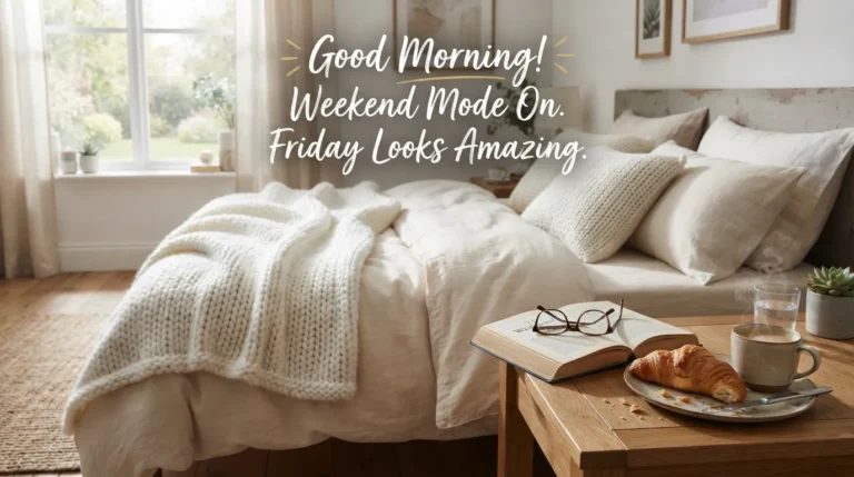 A cozy bed with a knitted blanket, book, and Friday weekend text.
