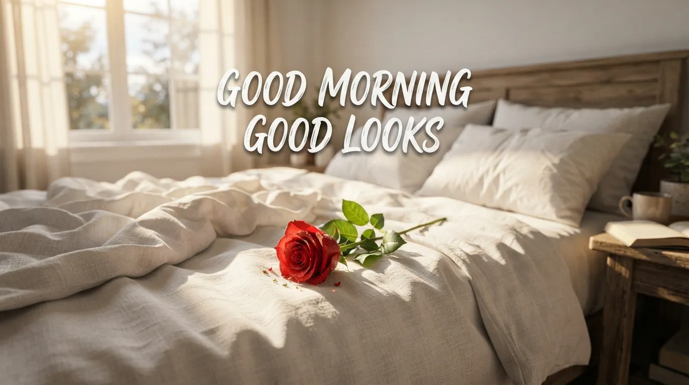 Sun-drenched white bed sheets with a red rose and Good Morning Good Looks text overlay.