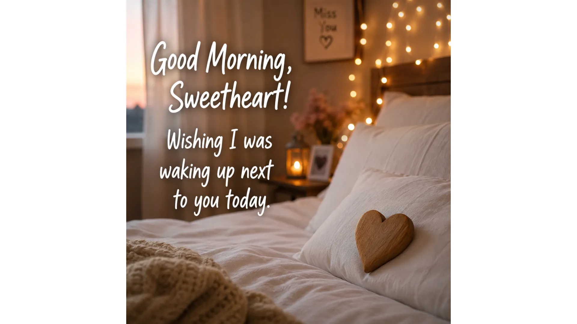 A cozy bedroom good morning love image with fairy lights and a romantic quote.
