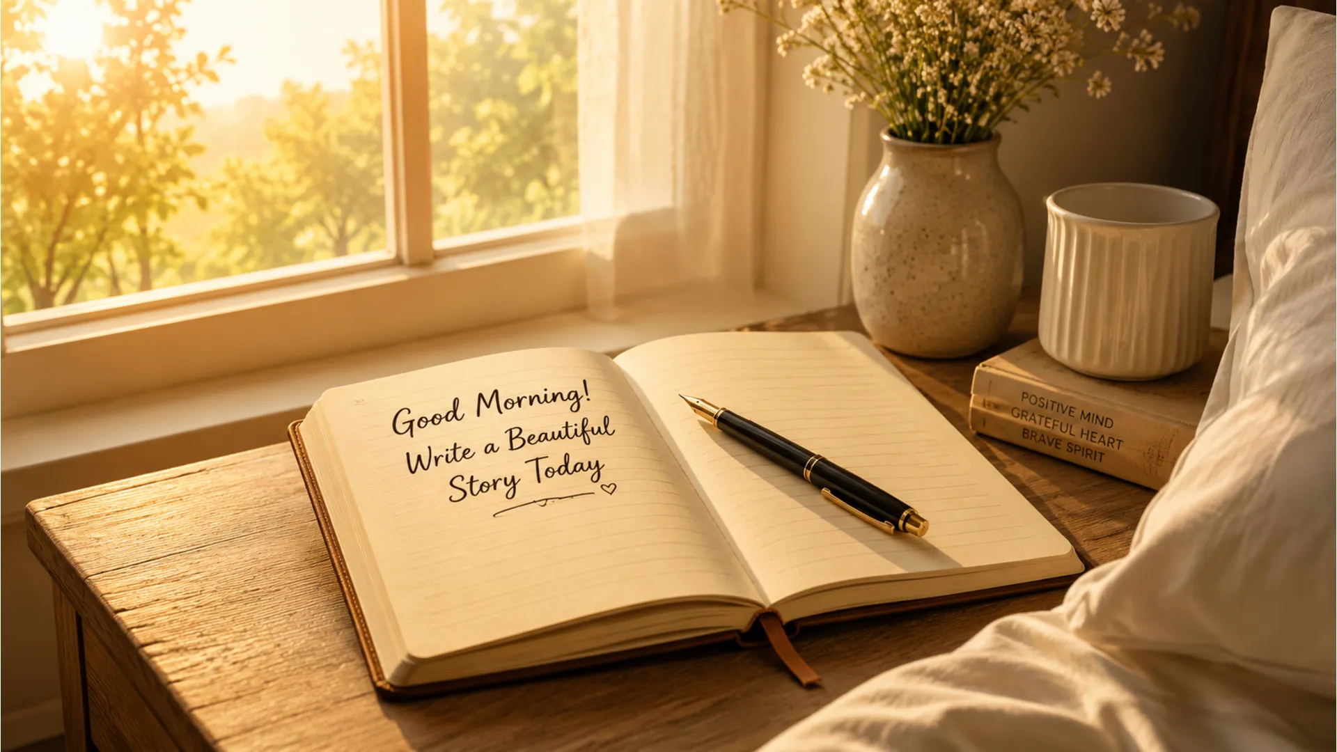 An open notebook with a pen next to a window with soft morning sunlight.