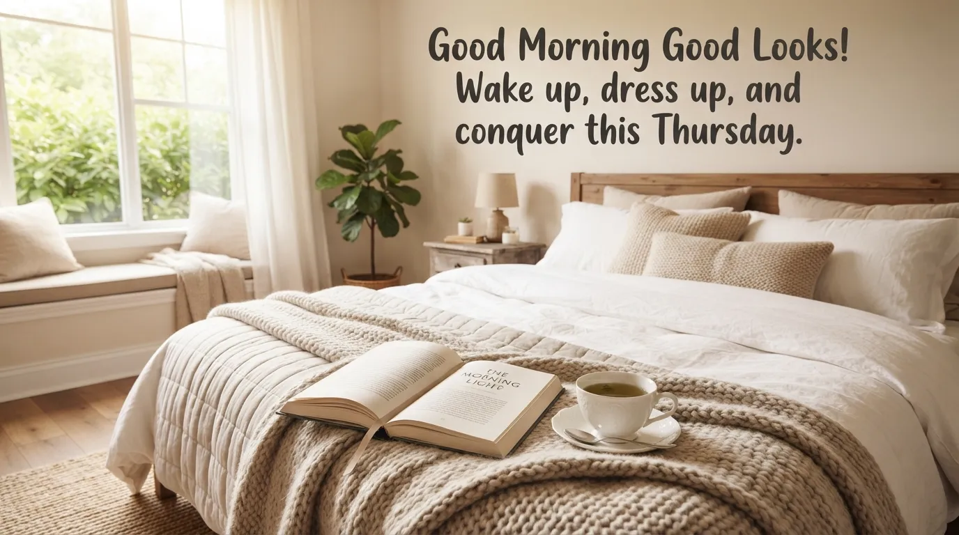Cozy white bed sheet with a book and a Thursday morning motivational quote.