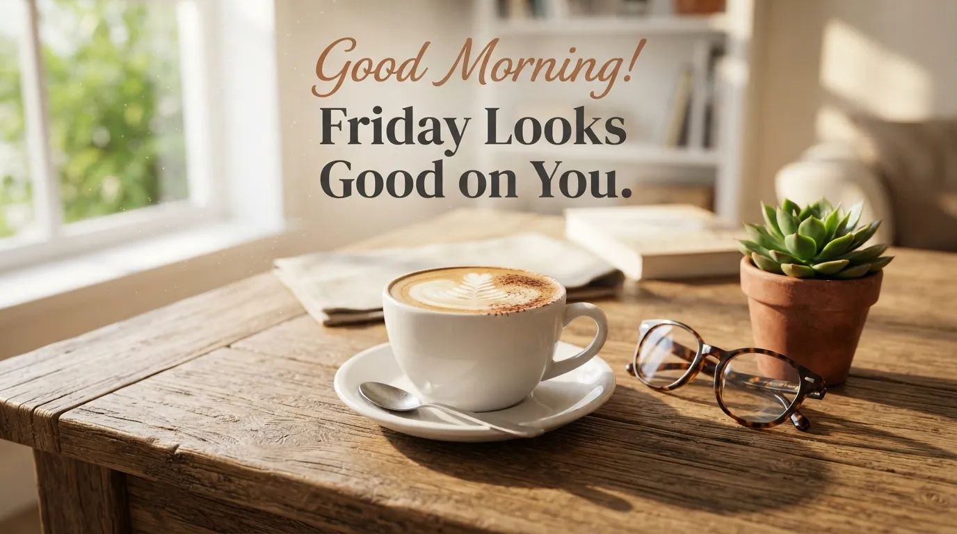 A cozy cup of coffee on a wooden table with Good Morning Friday looks text.