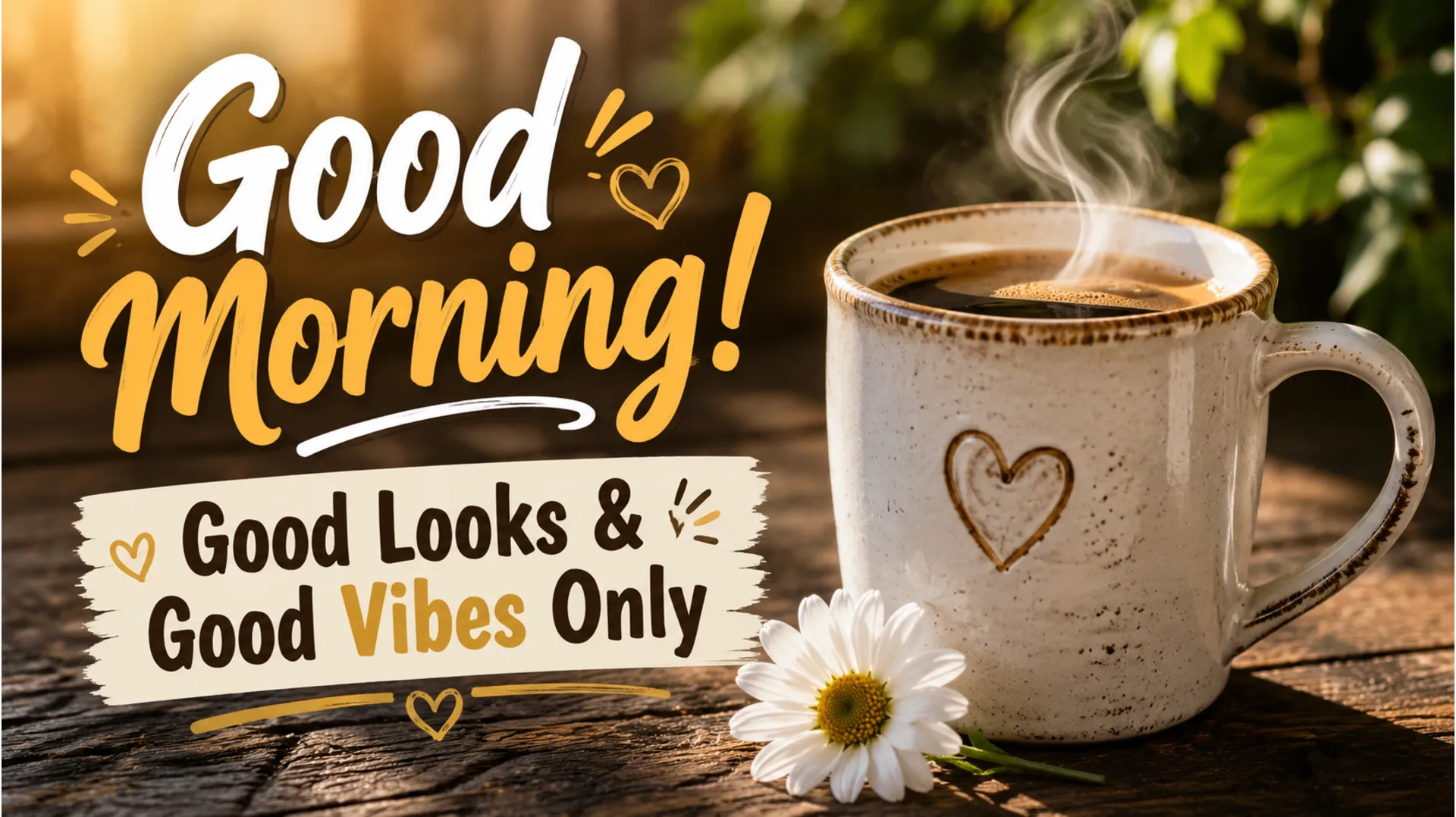 A steaming ceramic coffee mug on a wooden table good morning images new 2022.