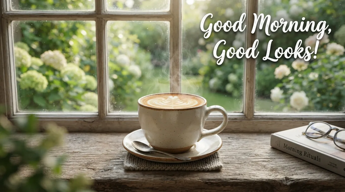 A steaming cup of coffee next to a window with good morning text.
