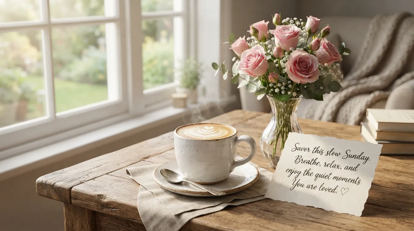 A cozy Sunday morning setup with a hot coffee mug and fresh pink roses.