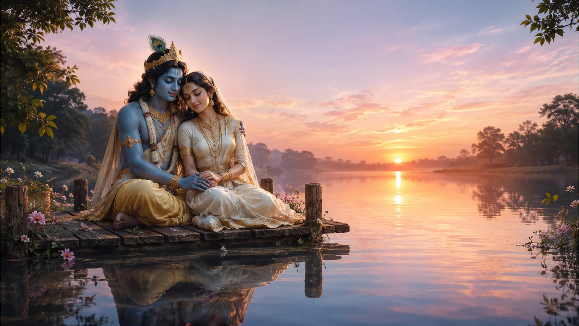 Divine couple sitting closely on a wooden dock by a calm river during a peaceful sunrise