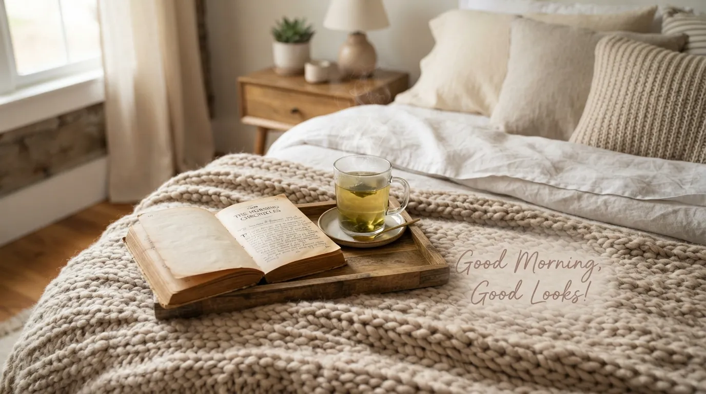 A cozy indoor morning setup with a soft blanket, book, and morning quote.