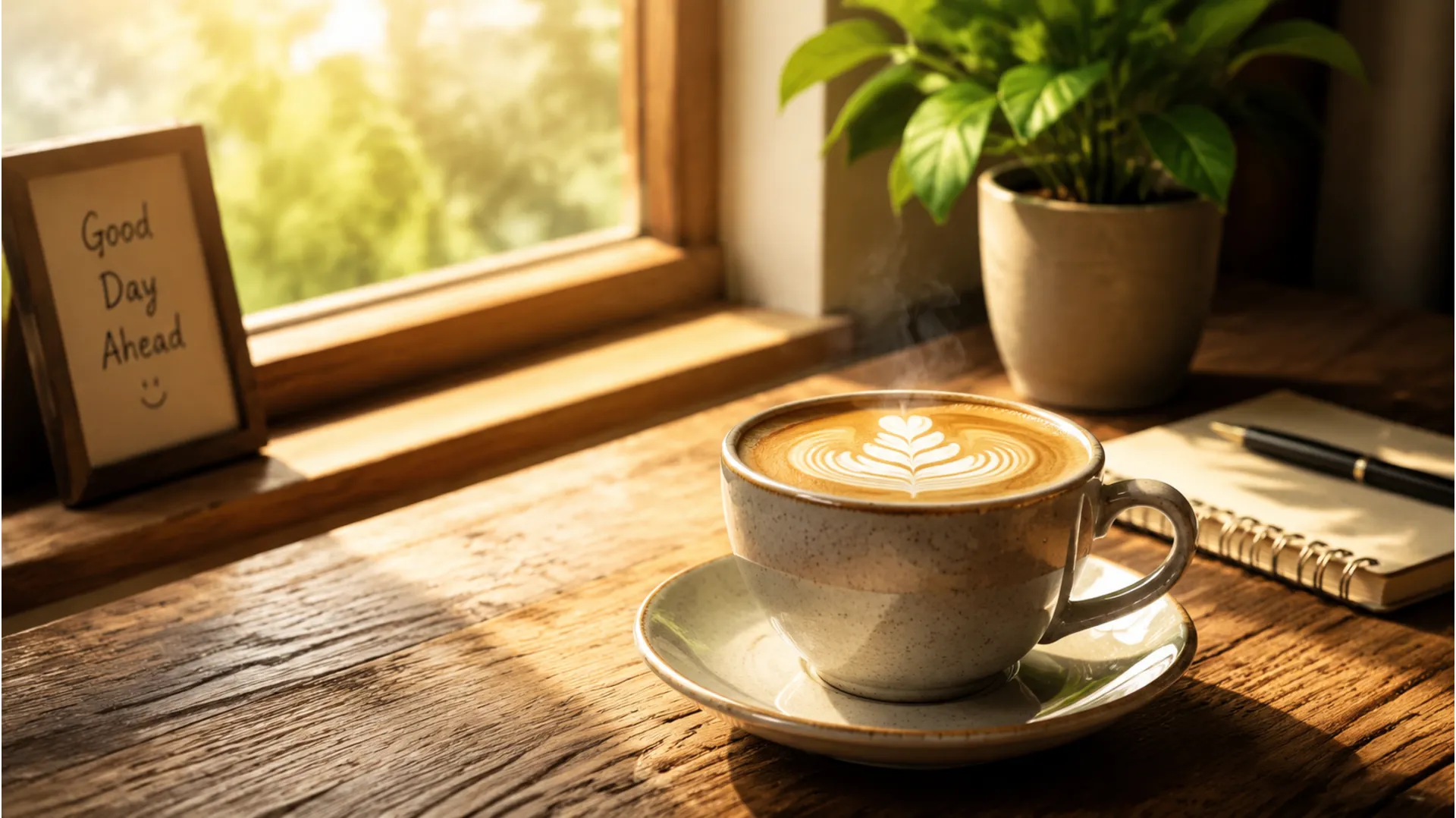 Cozy good morning image with a steaming coffee mug on a wooden table by the window.