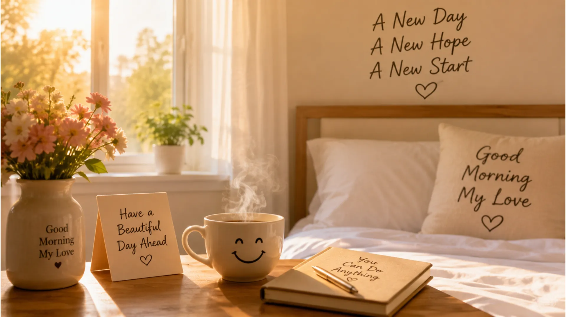 Soft golden sunlight shining through a bedroom window with romantic love decorations.