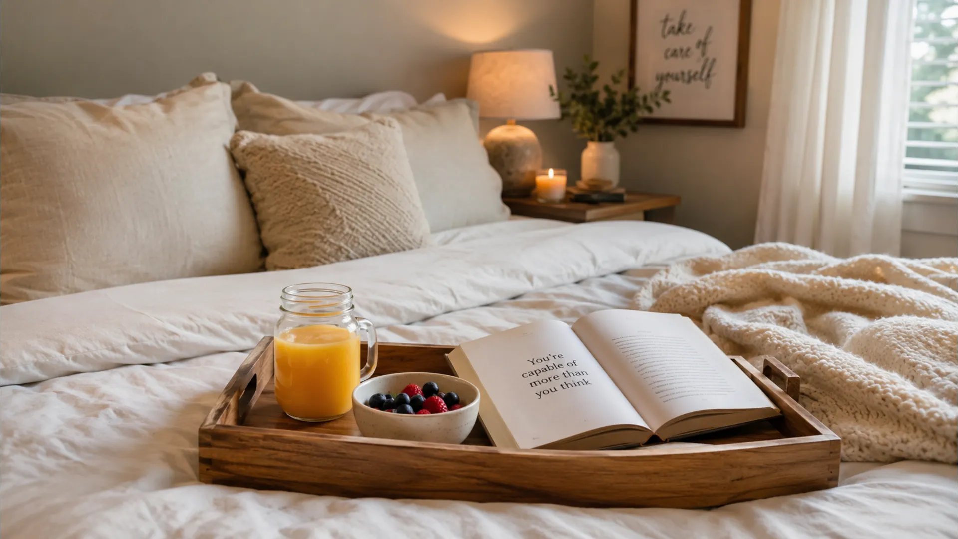 Cozy bedroom setting with a book and good morning sunday text on a tray.