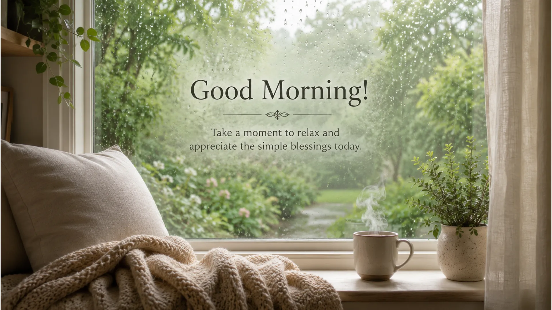 Cozy window pane with rain drops overlooking a green garden and good morning message