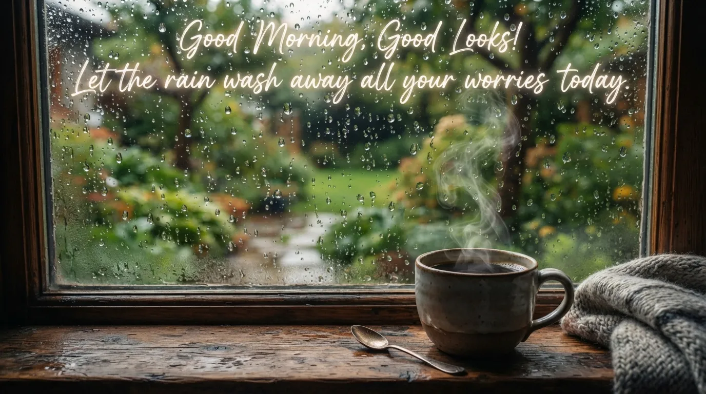 Cozy window view of rain with a coffee mug and Good Morning Good Looks text.