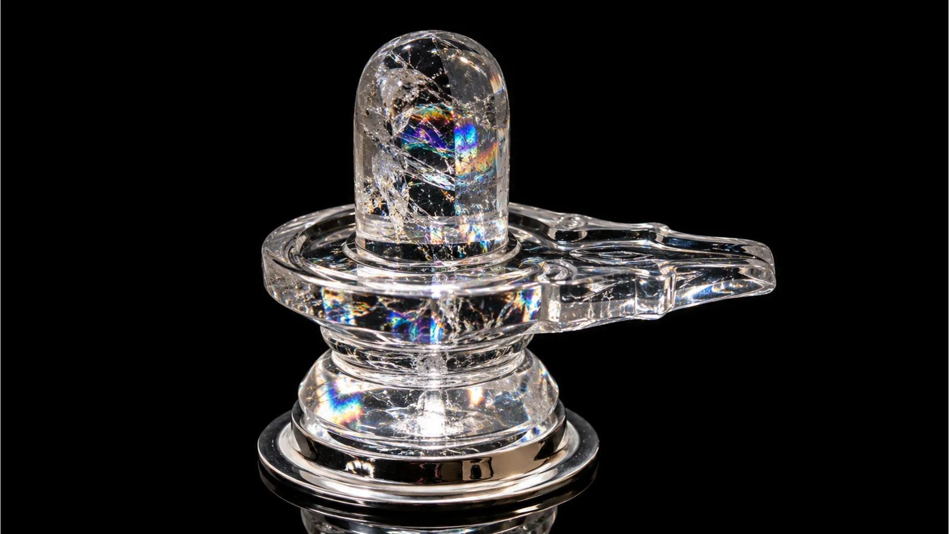 A macro-detail full HD photo of a meticulously carved Shivling made entirely of clear, flawless quartz crystal, radiating light and clarity.