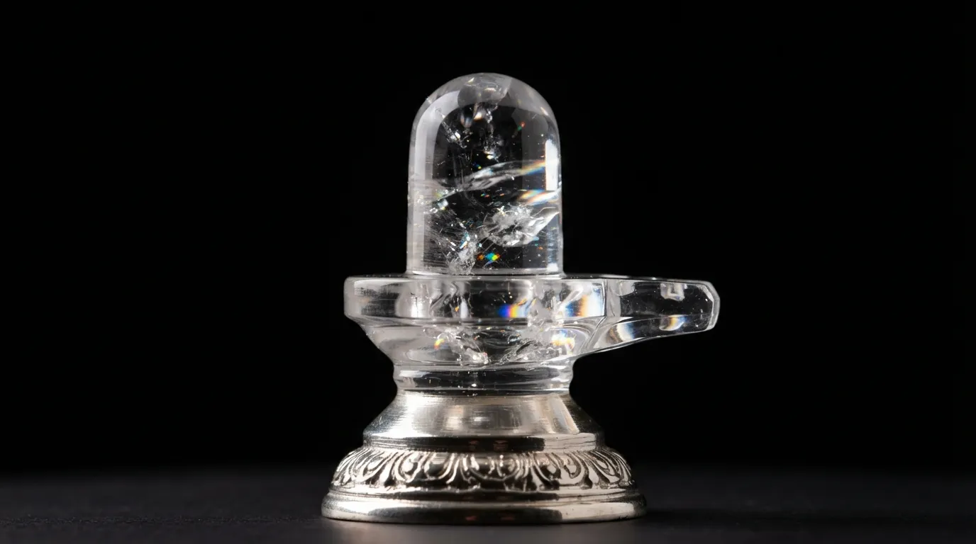 A macro-shot full HD bholenath ke photo of a transparent crystal Shivling radiating sharp rainbow reflections against a dark background.