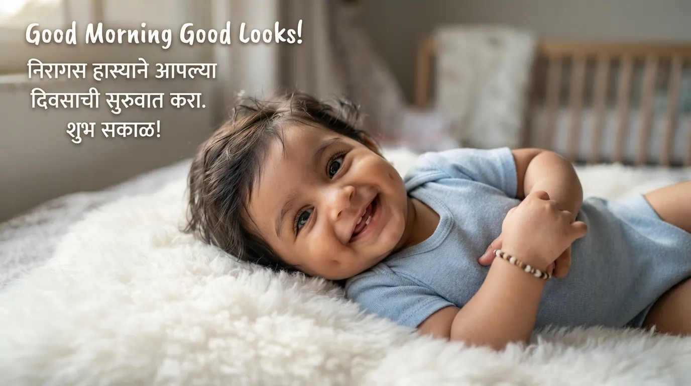 Cute smiling baby enjoying the morning light with sweet marathi wishes.