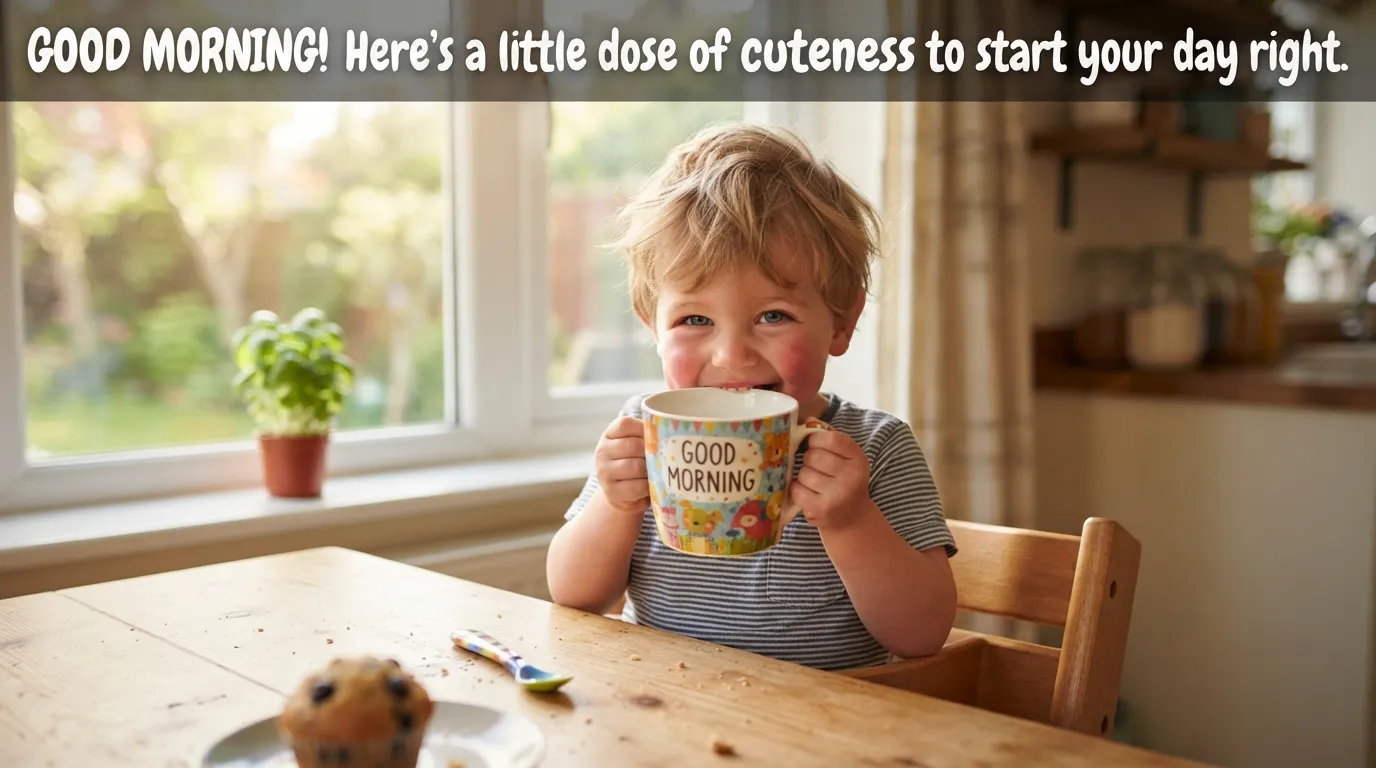 Adorable toddler holding an empty colorful mug and smiling, with a cheerful morning greeting.