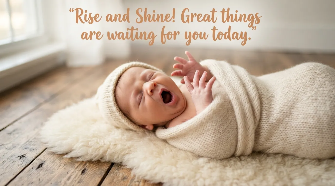 A cute newborn baby stretching and yawning in a cozy blanket with positive morning wishes.