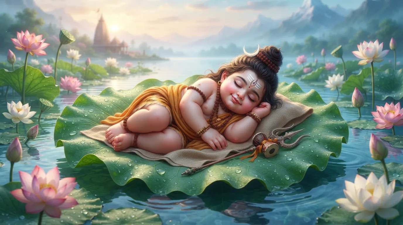 Cute and peaceful Jay Bholenath photo featuring a child version of Lord Shiva smiling.