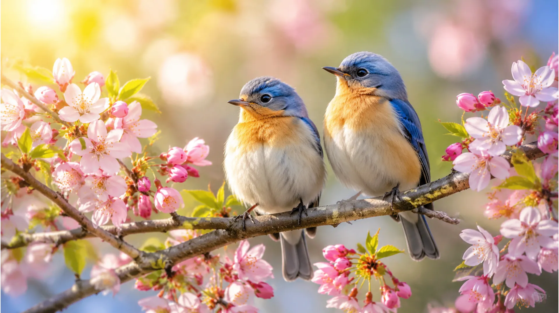 Cute good morning image with two small birds chirping on a blooming spring flower branch.