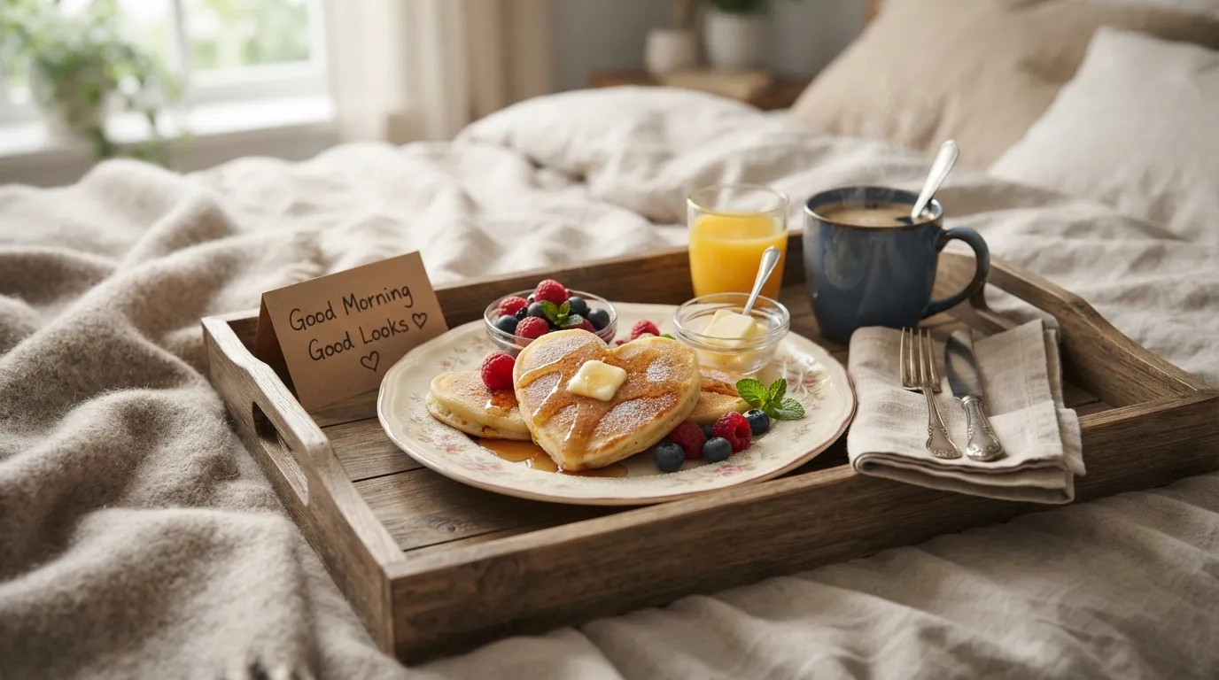A breakfast tray with heart-shaped pancakes and a note reading Good Morning Good Looks.