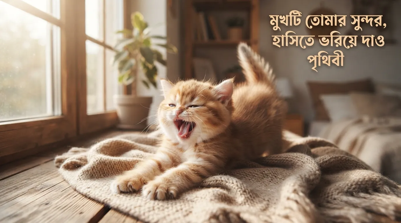 An adorable fluffy kitten stretching in a warm patch of morning sunlight with a cute Bangla wish.