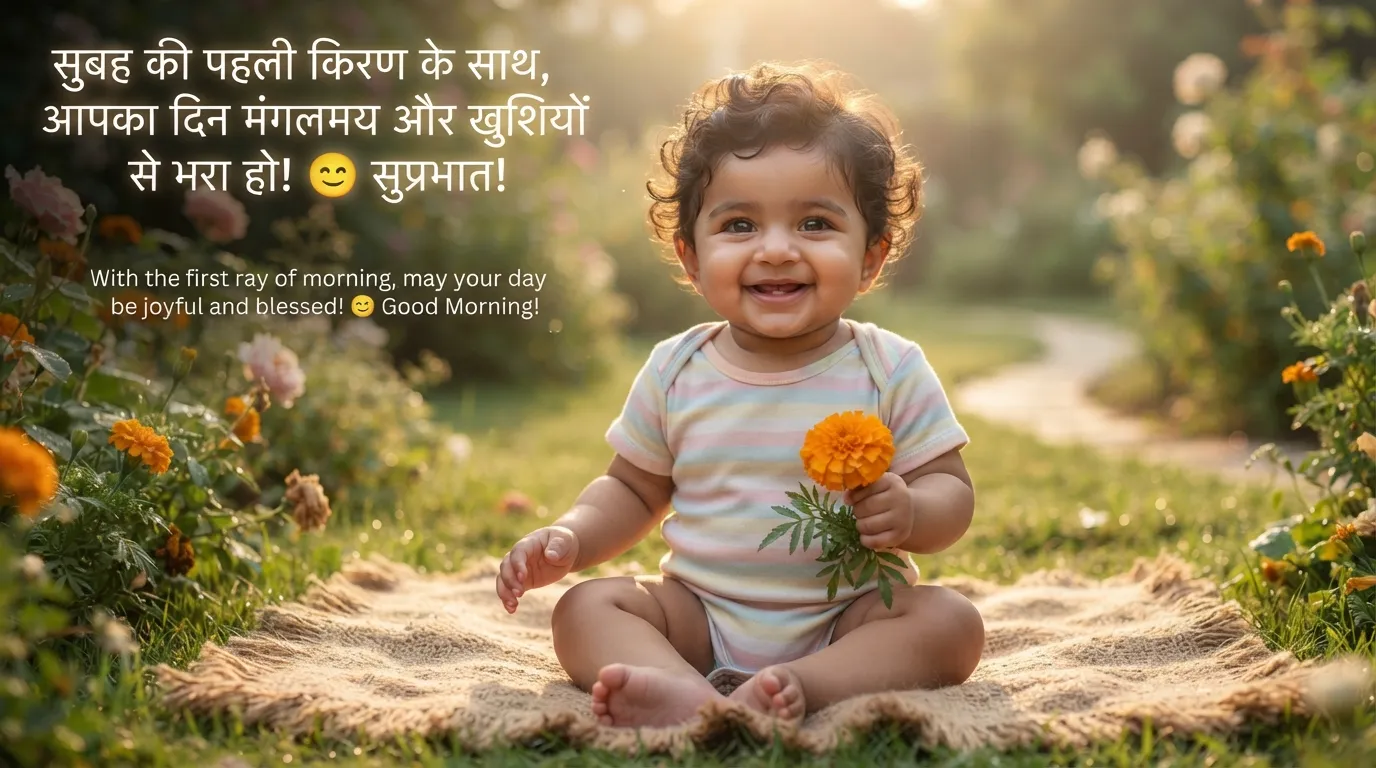Cute innocent child smiling good morning image in Hindi