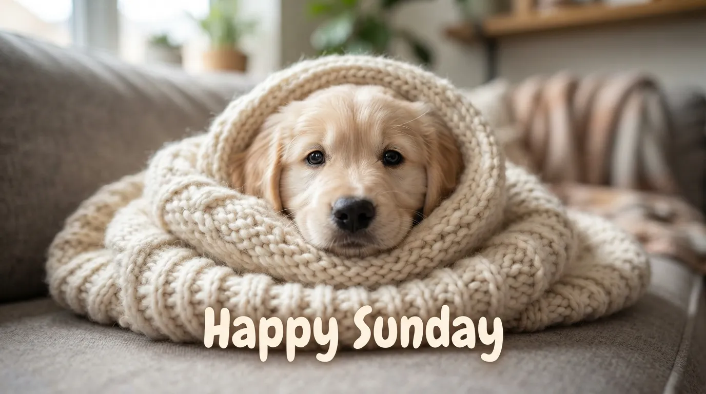 An adorable golden retriever puppy wrapped in a cozy knit blanket on Sunday morning.
