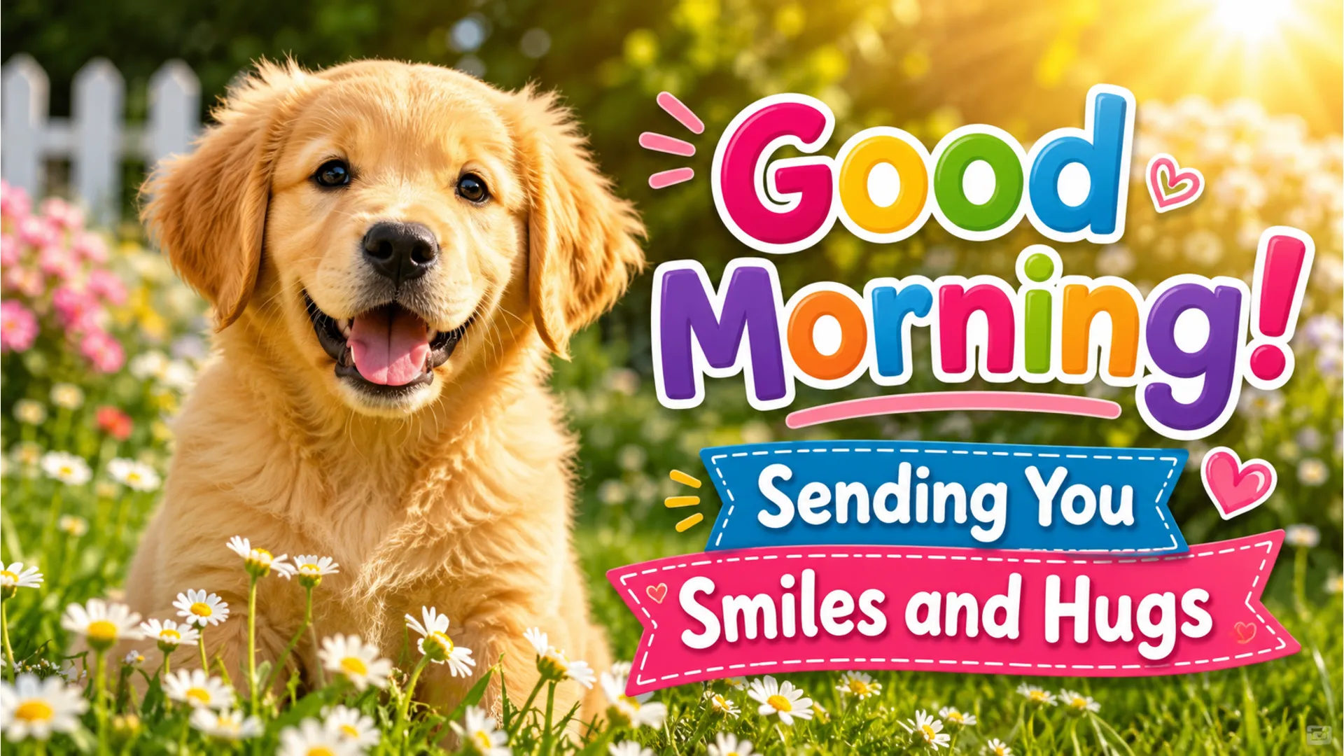 A cute golden retriever puppy sitting happily in a bright green morning garden.