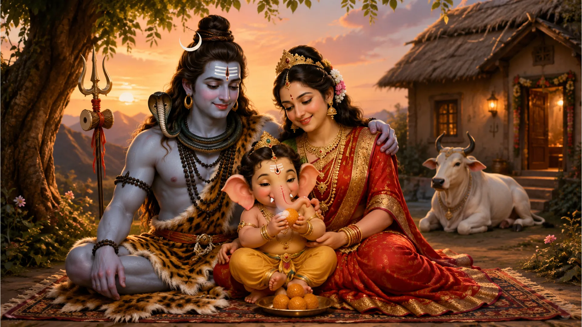 A heartwarming illustration of Lord Shiva, Goddess Parvati, and their son Lord Ganesha in a family embrace.