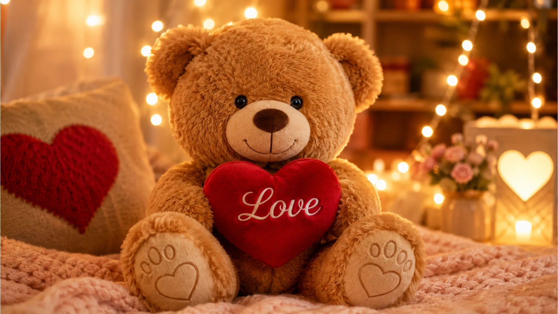 Cute teddy bear holding a heart surrounded by warm fairy lights for morning wishes.