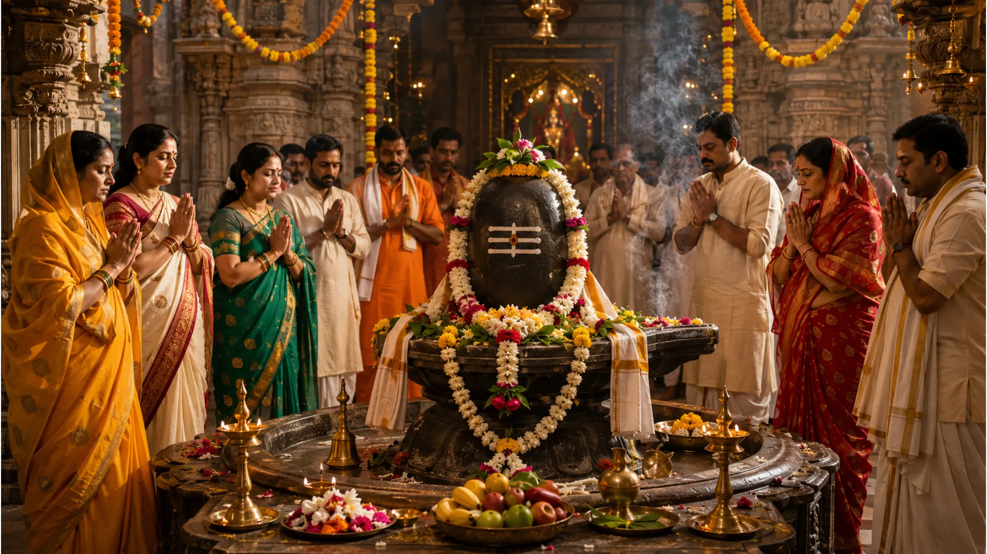 Full-HD candid photo capturing the heartfelt devotion of men and women praying to a beautifully adorned Shivling, hands folded in reverence and faith, in a crowded temple.