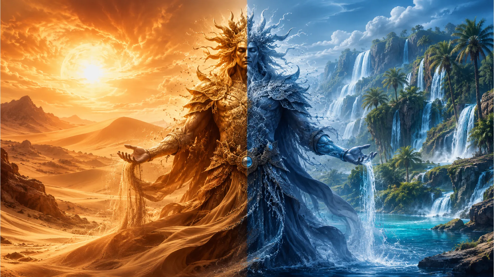 Dual spirit split between a dry golden desert and a fresh water oasis