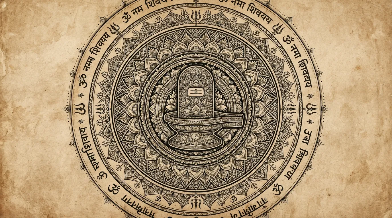 An intricate mandala art design filled with geometric symmetry shaping a Shivling silhouette.
