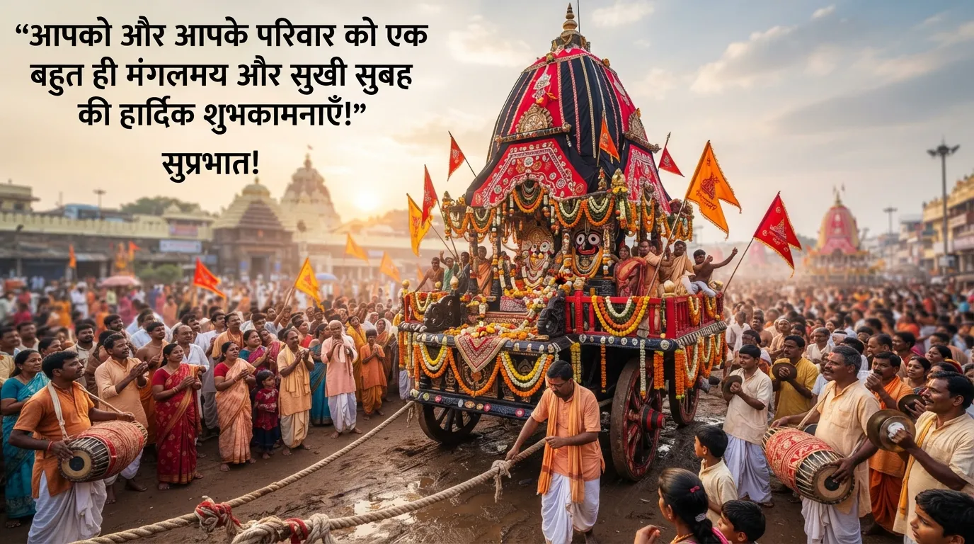 Devi Subhadra's chariot Darpadalana with Hindi blessings for Rath Yatra.