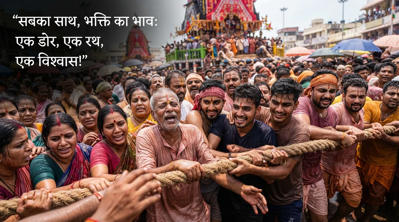 Devotees pulling the heavy ropes of Lord Jagannath's chariot.