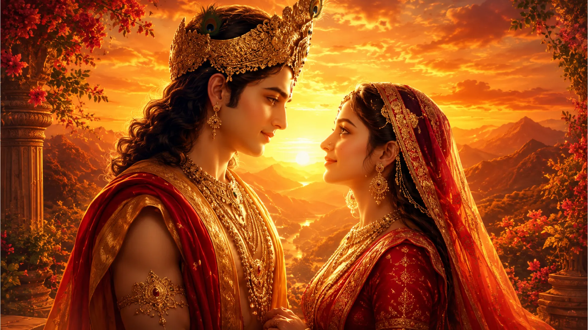 A traditional divine couple looking at each other against a beautiful golden sunset
