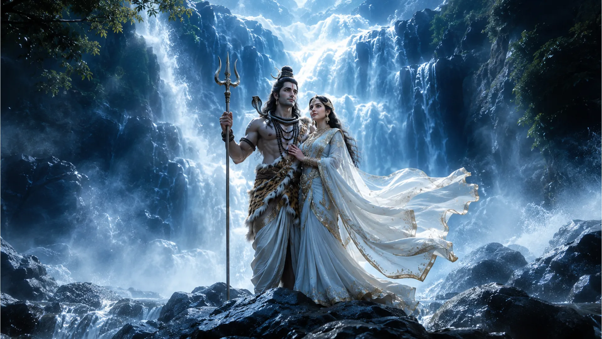 A spiritual couple standing on rocks near a powerful glowing waterfall