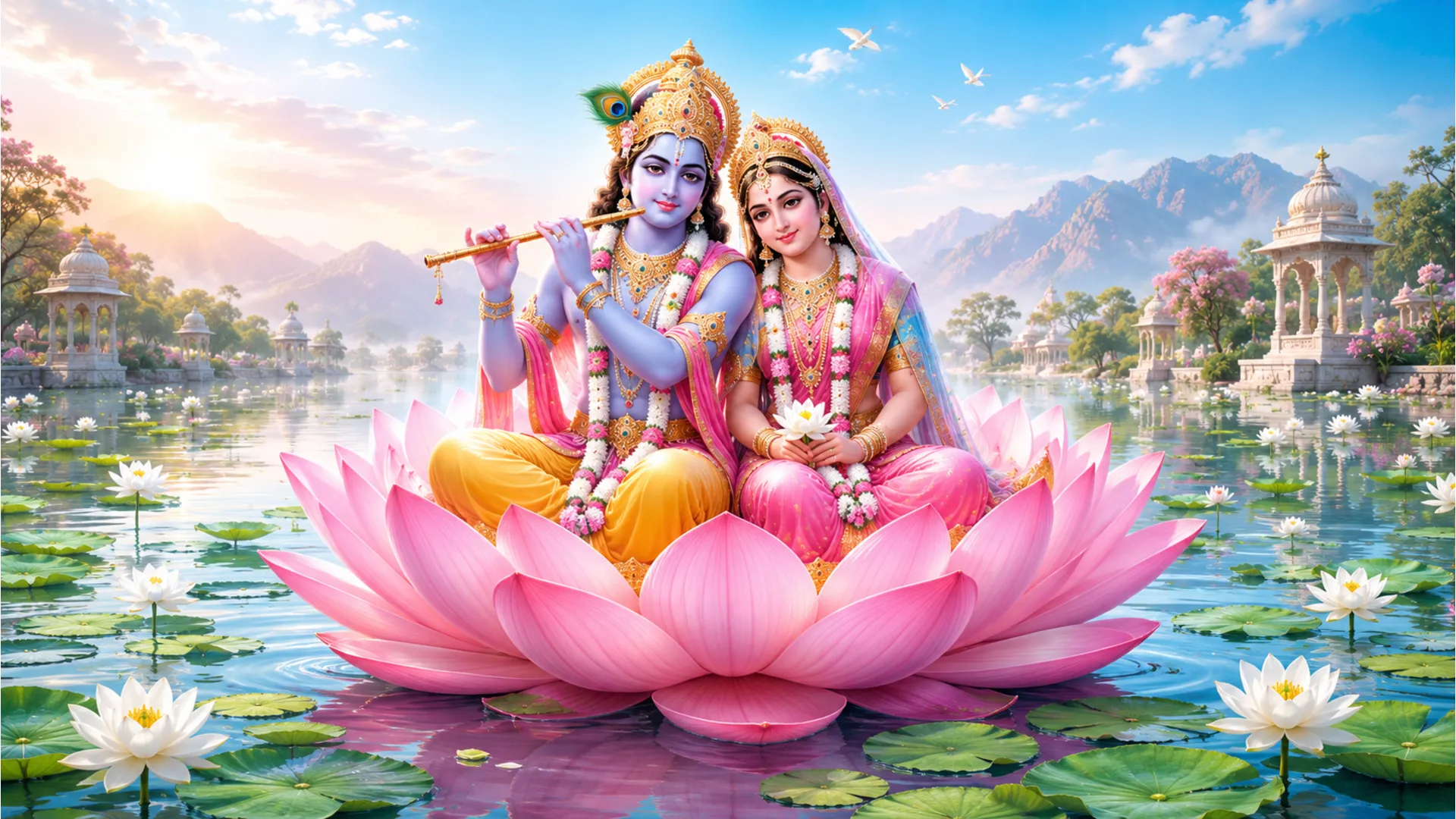 A divine pair resting on a giant lotus flower inside a sacred lake
